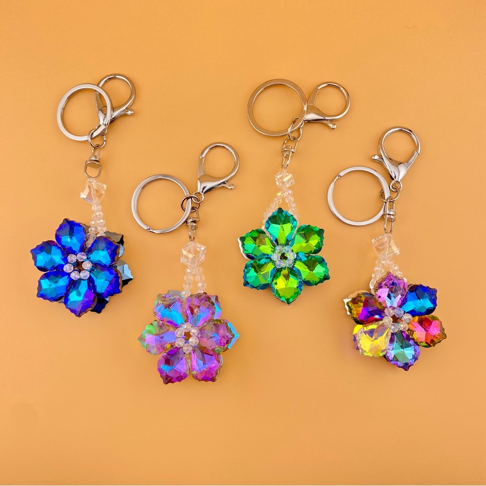✨Crystal Flower Sparkly Bling Bag Charm & Braided PU Leather Key Ring, Keychain